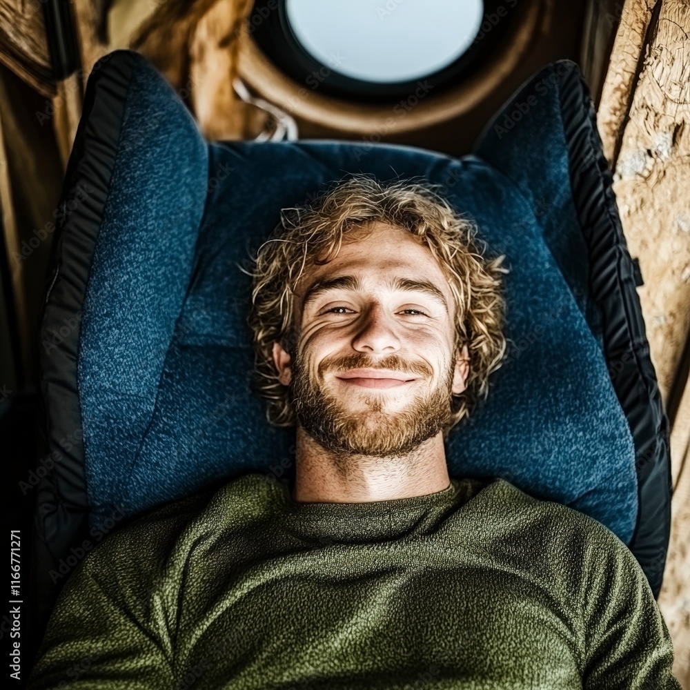 Obraz premium Happy Young Man Relaxing Smiling Travel Adventure Joyful Expression