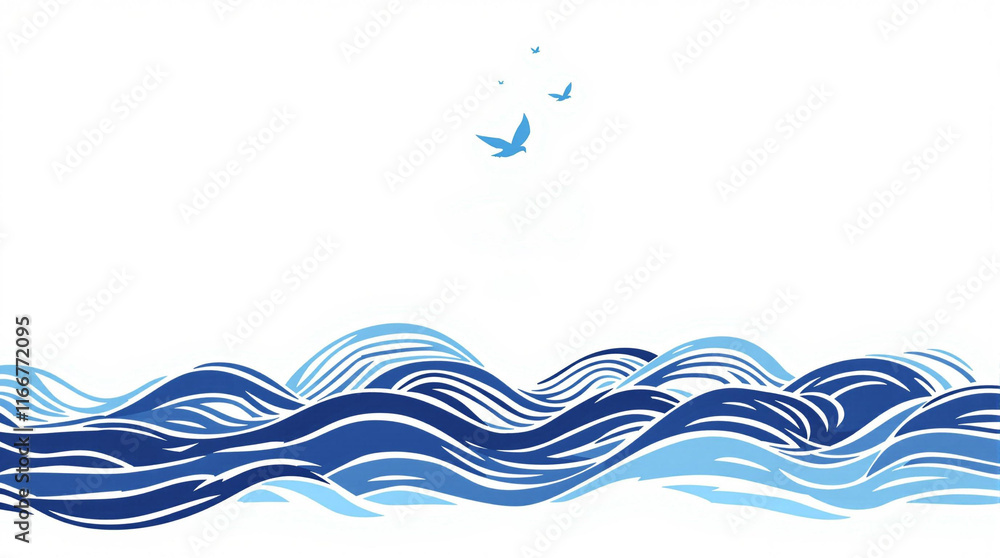 Minimalist soaring bird and waves background for National Bird Day ads prints and banners Minimalist soaring bird and waves background for National Bird Day ads prints and banners