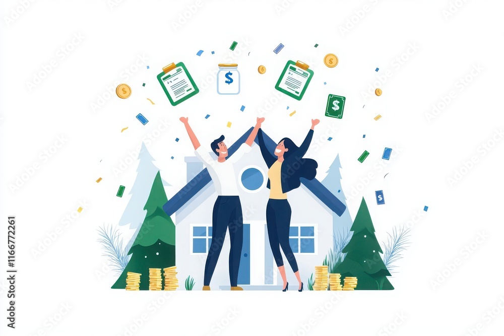 Couple celebrating homeownership in front of their first home joyful environment with money and confetti Couple celebrating homeownership in front of their first home joyful environment with money and confetti