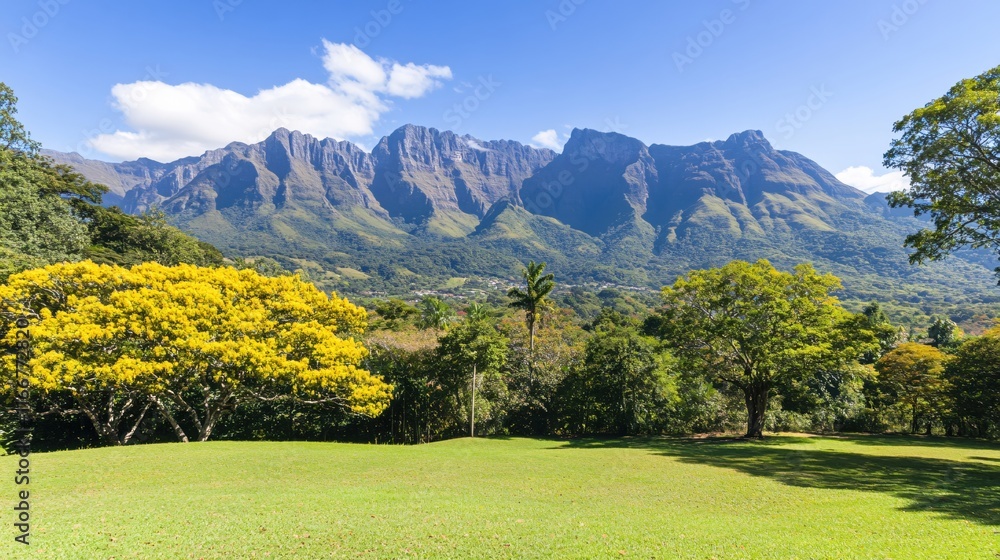 Obraz premium Breathtaking View of Mountains with Lush Green Landscape Under Clear Blue Sky