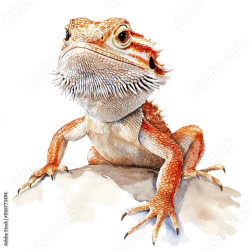 A watercolor vector painting of a bearded dragon, isolated on a white background. Bearded dragon vector.

