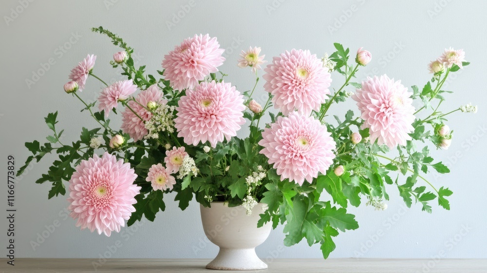 Fototapeta premium A minimal arrangement with pastel pink chrysanthemums and soft green foliage, creating a calming aesthetic