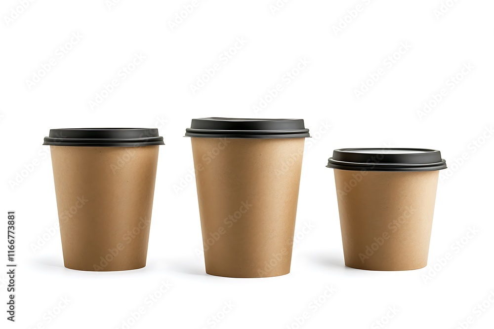 Three paper coffee cups with floral pattern isolated on white background. Vector illustration. Three paper coffee cups with floral pattern isolated on white background. Vector illustration.