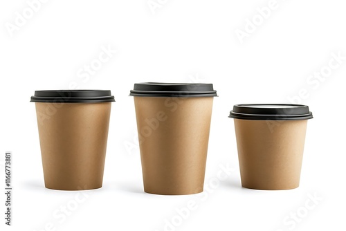 Three paper coffee cups with floral pattern isolated on white background. Vector illustration.