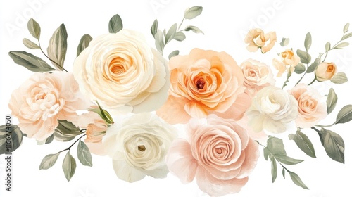 A pastel floral composition with peach ranunculus and blush roses, creating a soft, romantic aesthetic