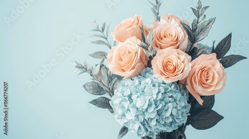 A serene pastel-toned bouquet with peach roses and baby blue hydrangeas, perfect for natural cosmetic design