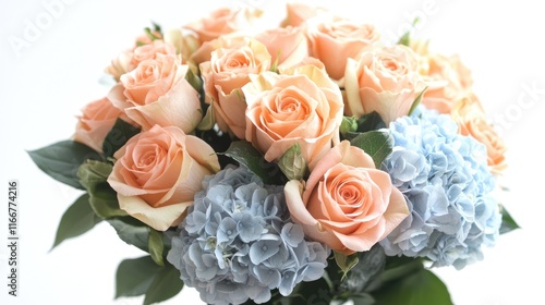 A serene pastel-toned bouquet with peach roses and baby blue hydrangeas, perfect for natural cosmetic design
