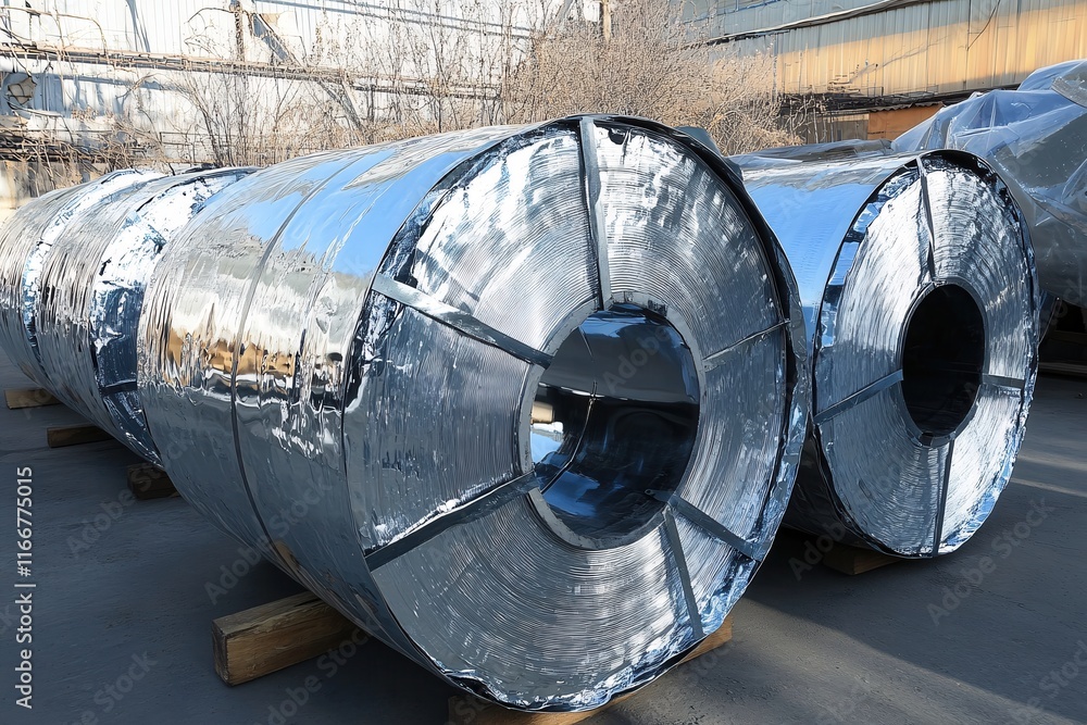 Metallic Rolls of Industrial Material Wrapped for Storage in Factory Environment Metallic Rolls of Industrial Material Wrapped for Storage in Factory Environment