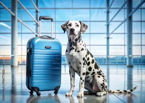 Adorable Dalmatian & Cat Airport Companions: Blue Suitcase, Travel Fun photo