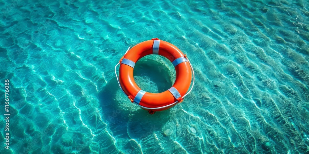 Aerial View of a Single Blue Life Buoy in Turquoise Ocean Water Aerial View of a Single Blue Life Buoy in Turquoise Ocean Water