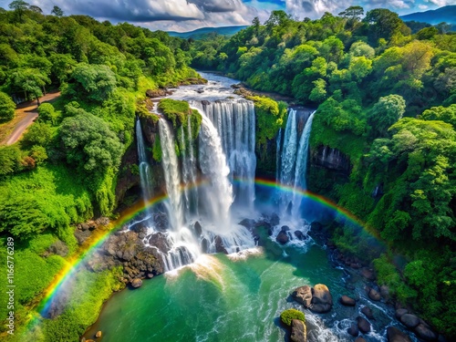 Aerial View of Majestic Waterfall with Vibrant Rainbow, Lush Rainforest