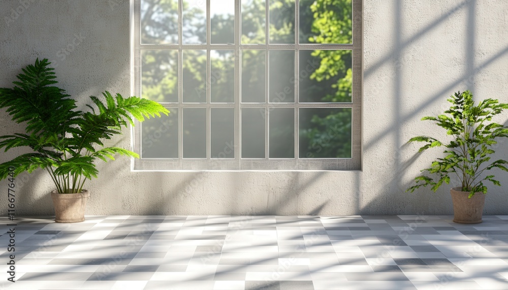 Sunlit Room Interior Design Plants Window Checkered Floor Minimalist Decor Sunlit Room Interior Design Plants Window Checkered Floor Minimalist Decor