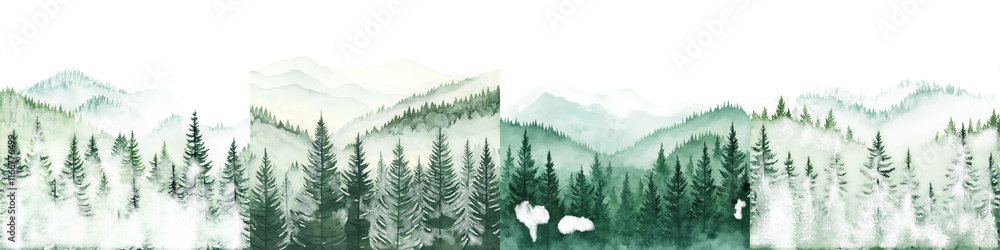 Fototapeta premium Breathtaking misty mountain landscape with a dense evergreen forest towering peaks and a serene tranquil atmosphere This picturesque scene captures the beauty and splendor of the great outdoors