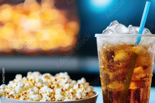 Popcorn and a cold soda in a cup with ice and straw, placed in front of a blurred movie theater screen. photo