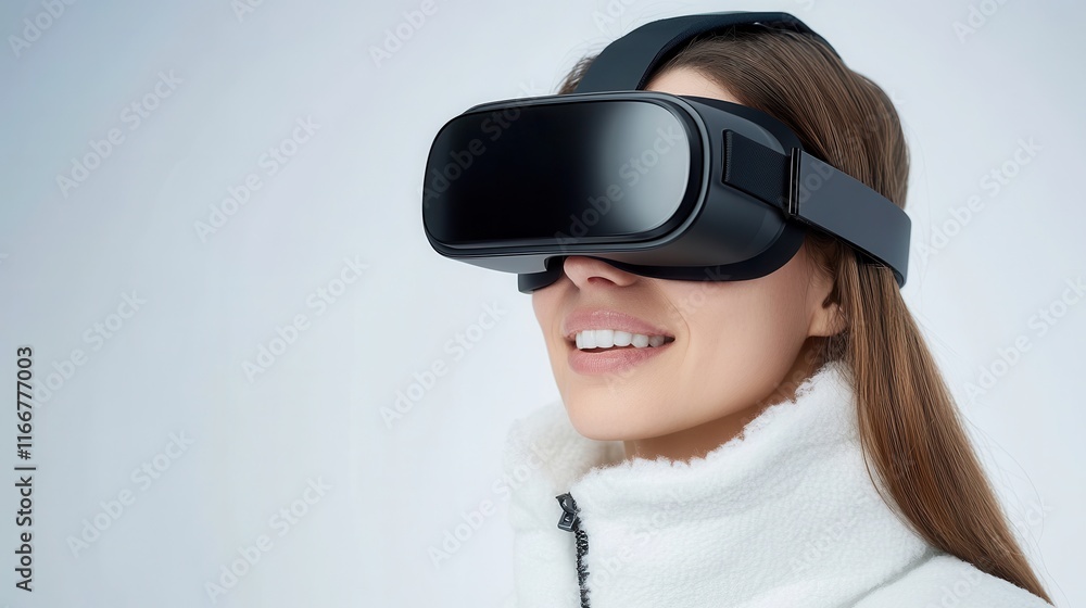 Smiling woman wearing a black virtual reality headset, immersed in a VR experience against a plain background. Smiling woman wearing a black virtual reality headset, immersed in a VR experience against a plain background.