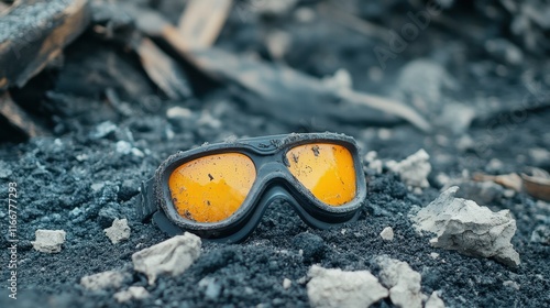 Pair of dusty goggles lying on charred and ashy ground, possibly in a post-disaster or industrial setting. photo