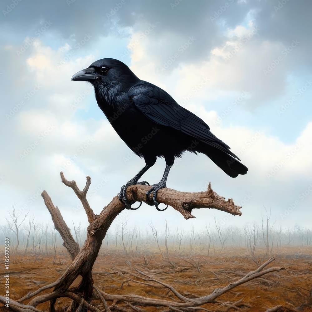 Obraz premium Black crow perched on a dry, twisted branch in a barren landscape under a cloudy sky.