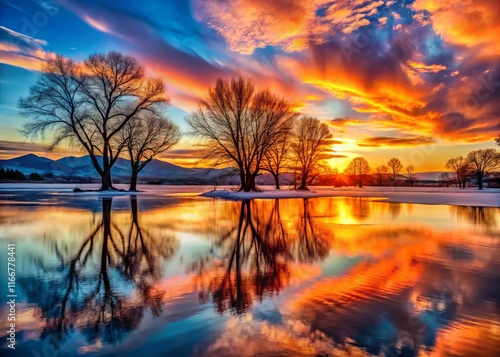 Colorado Winter Sunset: Half-Frozen Lake at Chatfield State Park, Denver photo