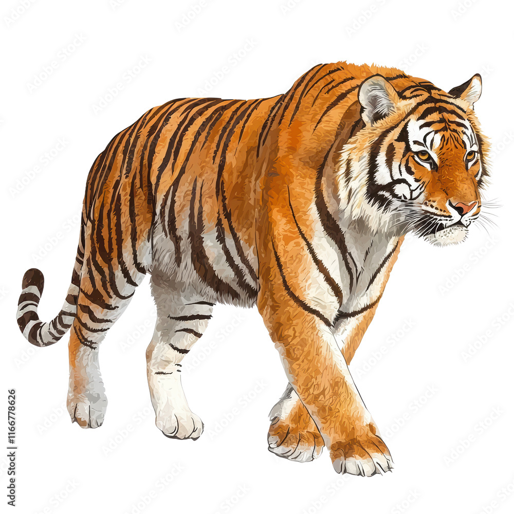 Obraz premium A majestic tiger walks gracefully, showcasing its striking orange fur and bold black stripes.