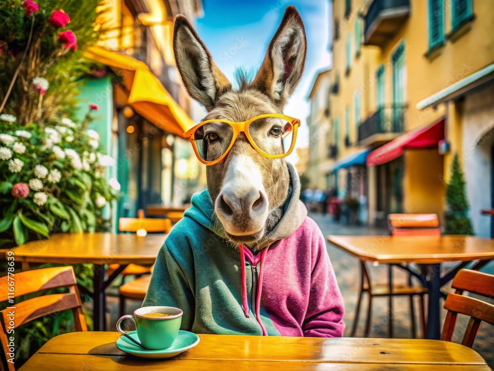 Cool Donkey in Sunglasses & Hoodie at a Table - Humorous Stock Photo Cool Donkey in Sunglasses & Hoodie at a Table - Humorous Stock Photo