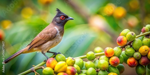 Common Bulbul Bird on Ficus Tree Branch with Figs - Stock Photo