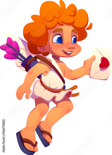 Cartoon cheerful valentine cherub and angel character with orange curls, white wings and a quiver of arrows, holding a love letter sealed with a heart, symbolizes love message, magic, romance and joy