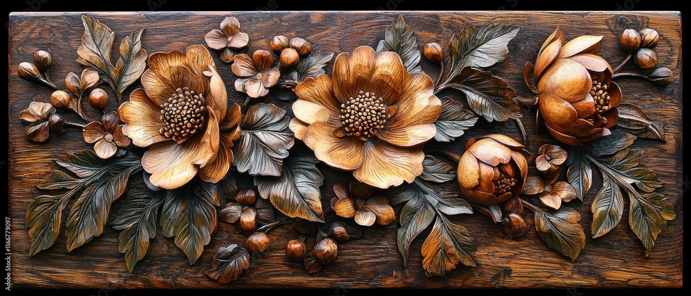 Intricate floral wood carving with leaves and buds. Intricate floral wood carving with leaves and buds.