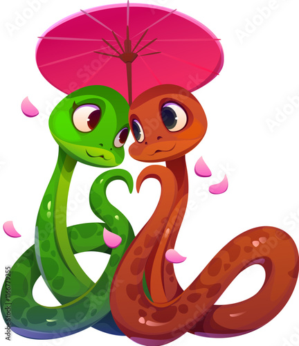 Valentine day cartoon green and brown snakes intertwined under a pink umbrella, surrounded by falling flower petals. vector cute reptile characters pair fall in love, symbolizes protection and unity