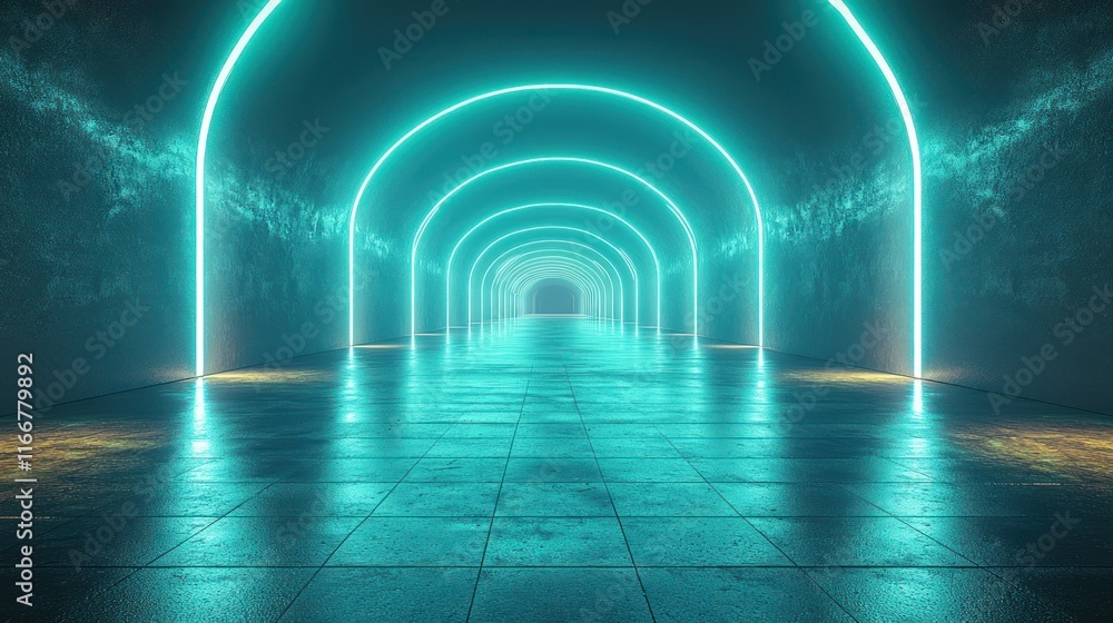 Futuristic glowing tunnel with reflective floor. Futuristic glowing tunnel with reflective floor.