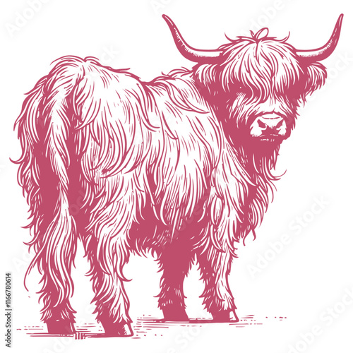 Rustic Highland Cow Illustration with Vintage Engraved Detail