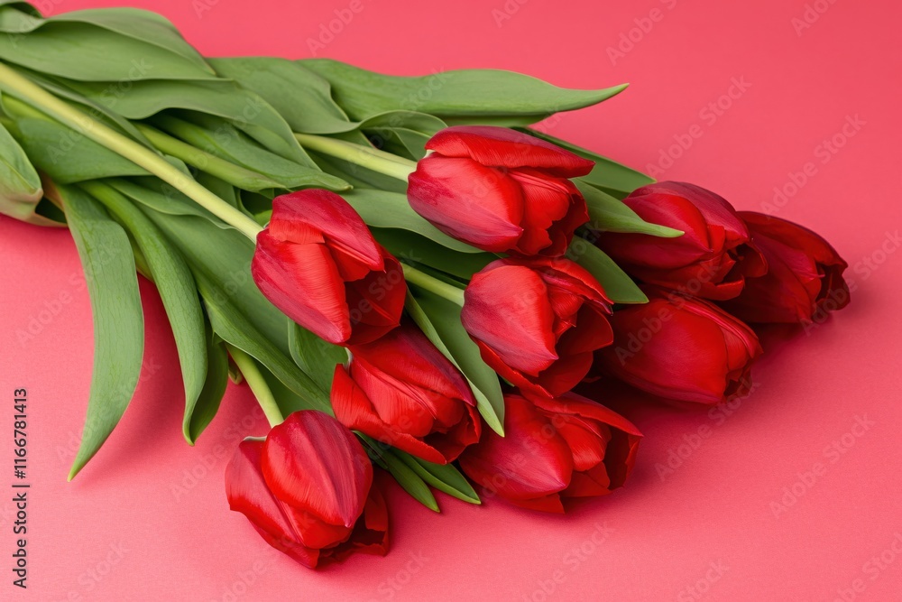 Fresh Red Tulips with Green Leaves Arranged on a Bright Pink Background Fresh Red Tulips with Green Leaves Arranged on a Bright Pink Background