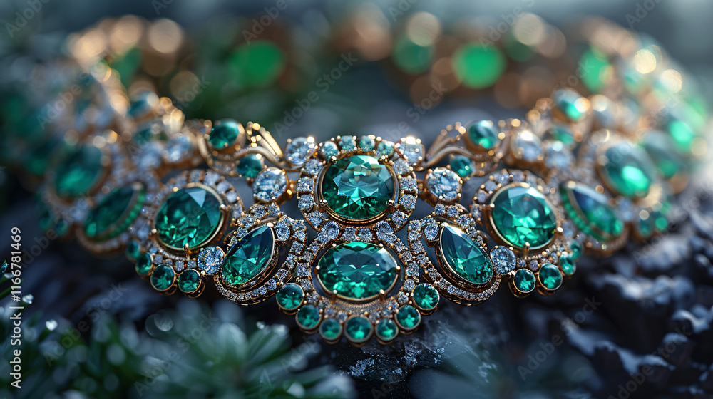 Exquisite emerald bracelet adorned with diamonds set against lush green foliage. Exquisite emerald bracelet adorned with diamonds set against lush green foliage.