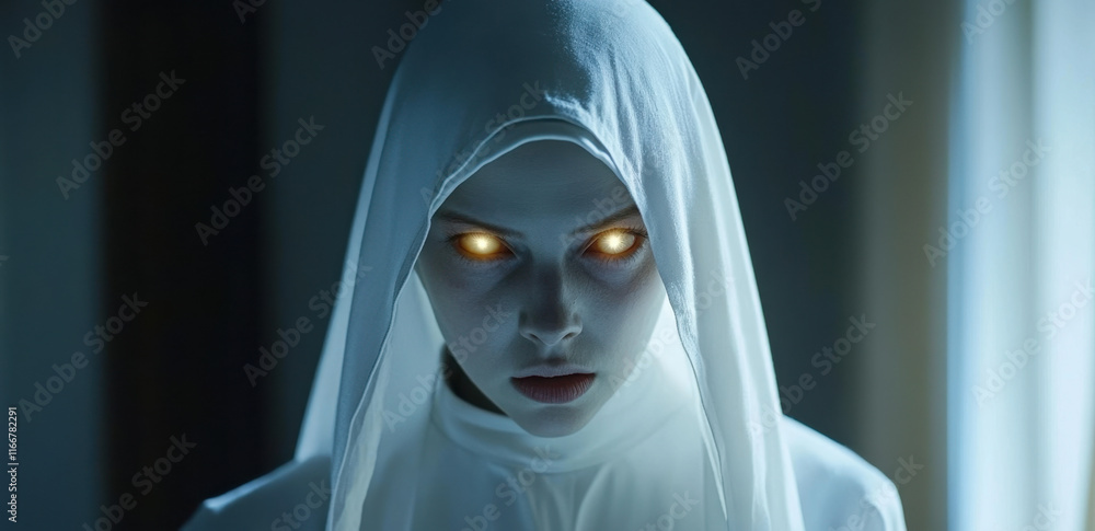 A ghostly nun in a white robe with glowing yellow eyes peers intently into the room. The dimly lit room enhances the eerie and mysterious atmosphere, creating an unsettling feeling. A ghostly nun in a white robe with glowing yellow eyes peers intently into the room. The dimly lit room enhances the eerie and mysterious atmosphere, creating an unsettling feeling.