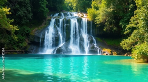 Majestic Waterfall Cascading into Hidden Turquoise Lagoon