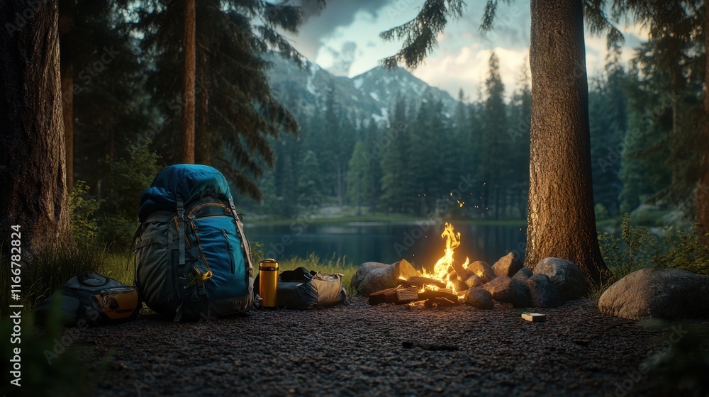 Serene Camping Scene with Backpack and Campfire by Mountain Lake Serene Camping Scene with Backpack and Campfire by Mountain Lake