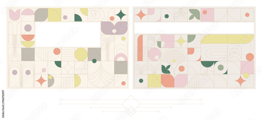A set of fully editable covers (backgrounds) made of geometric elements in Art Deco style on a colored background. The design will be used in wedding printing, branding, corporate identity creation A set of fully editable covers (backgrounds) made of geometric elements in Art Deco style on a colored background. The design will be used in wedding printing, branding, corporate identity creation