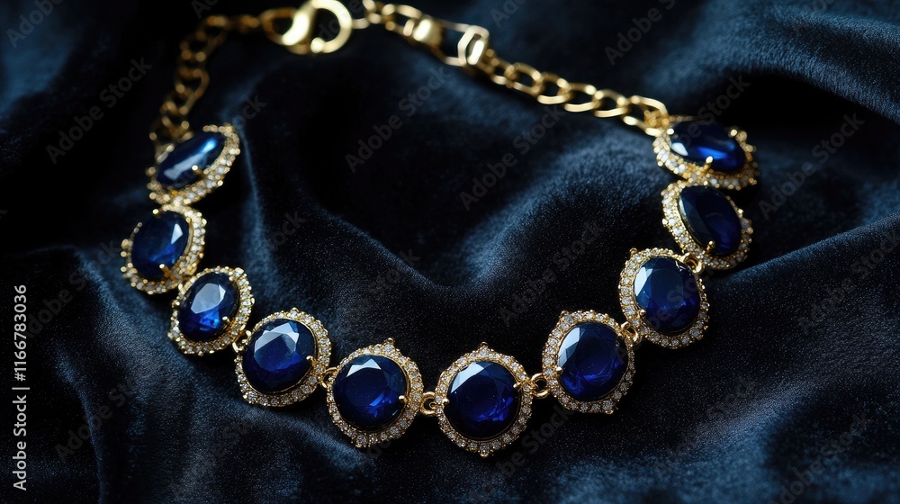 Elegant Gold and Blue Gemstone Bracelet on Luxurious Velvet Fabric Elegant Gold and Blue Gemstone Bracelet on Luxurious Velvet Fabric