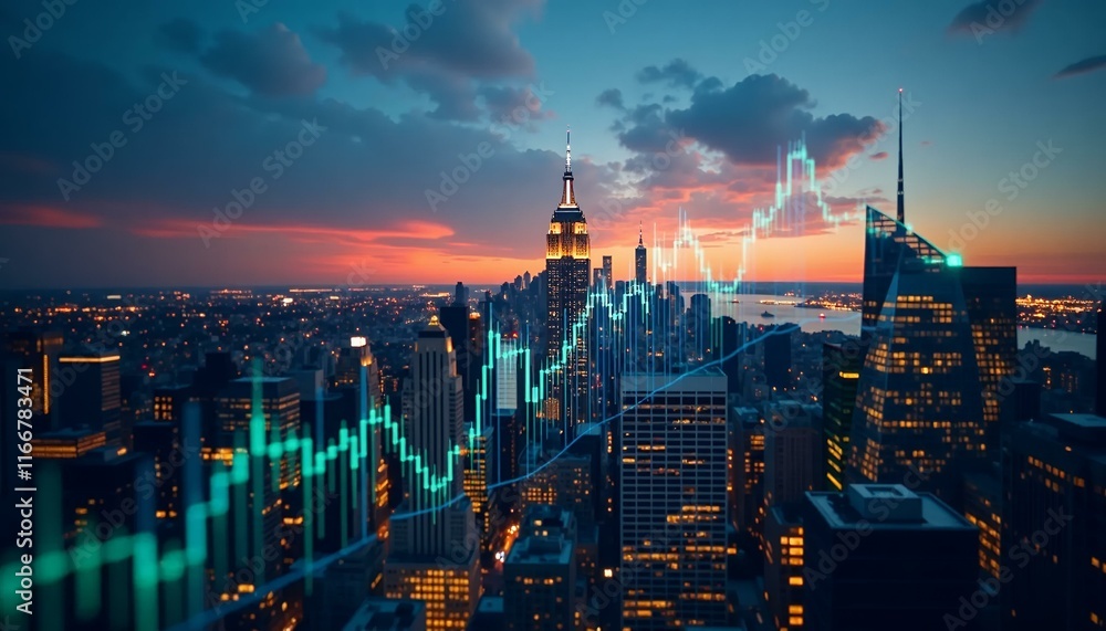 Fototapeta premium New York City Skyline Stock Market Graph Sunset View,