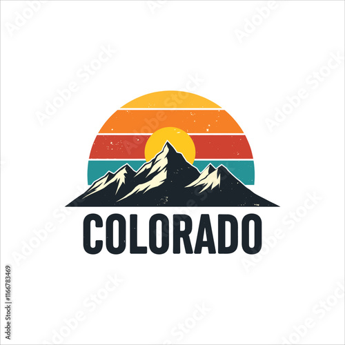 Wallpaper Mural Colorado mountain logo with sunset. This graphic design showcases a vintage-inspired sunset over a majestic mountain range, perfect for apparel, merchandise, or promotional material Torontodigital.ca