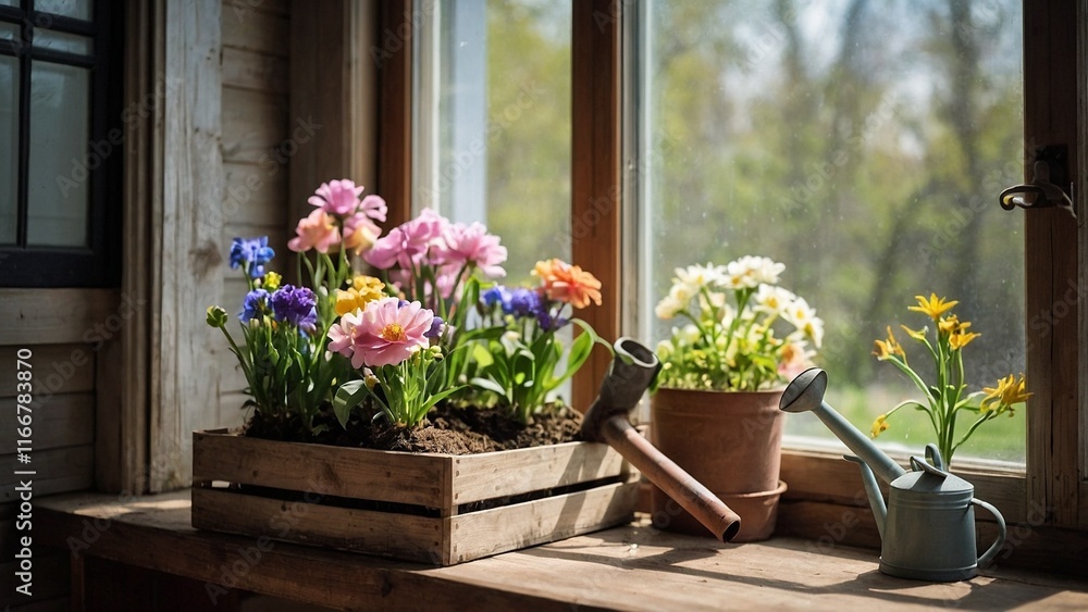 Fototapeta premium Lovely springtime flowers in a wooden crate on a window ledge with a birdhouse and watering can