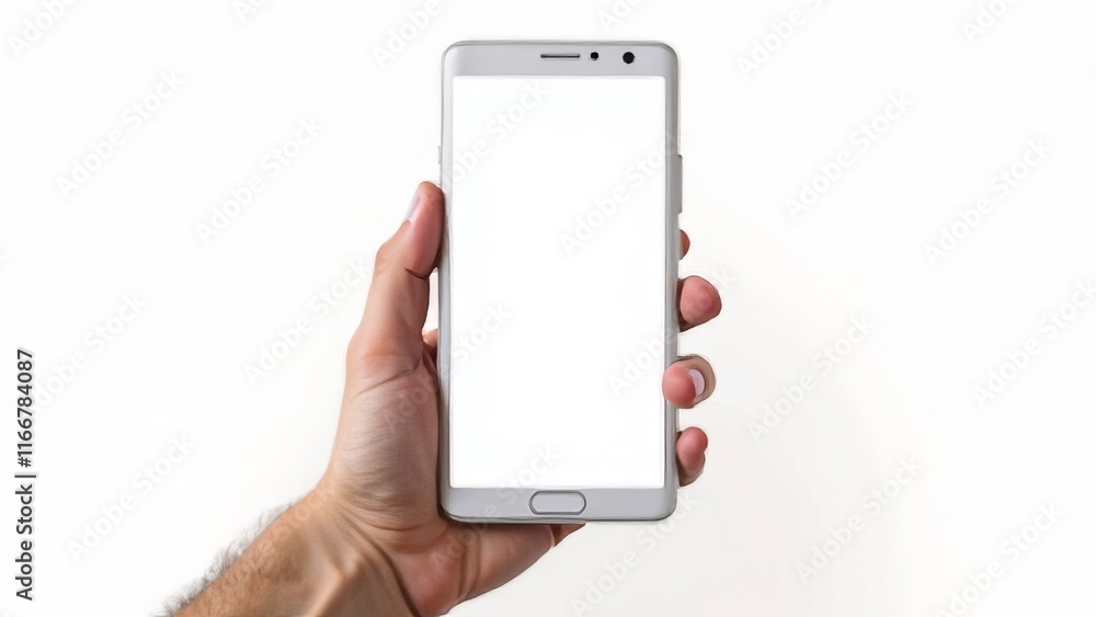 Hand holding smartphone screen mockup, horizontal phone isolated on white Hand holding smartphone screen mockup, horizontal phone isolated on white