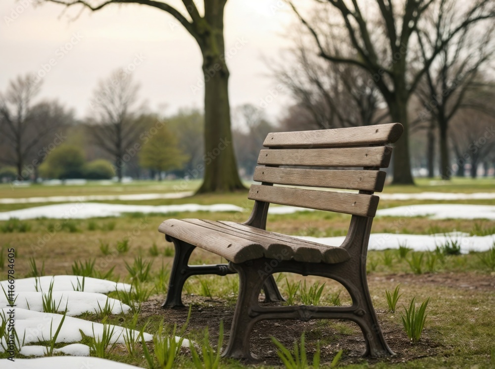 Empty wooden bench in a park with patches of snow on the ground, surrounded by leafless trees Empty wooden bench in a park with patches of snow on the ground, surrounded by leafless trees