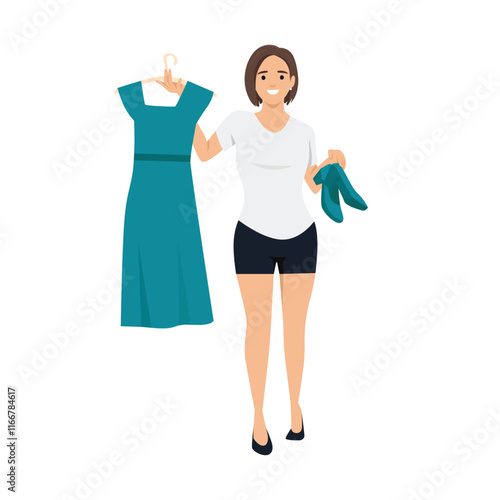 Woman Decide Selecting The Right Shoes For Her Clothing. Flat vector illustration isolated on white background