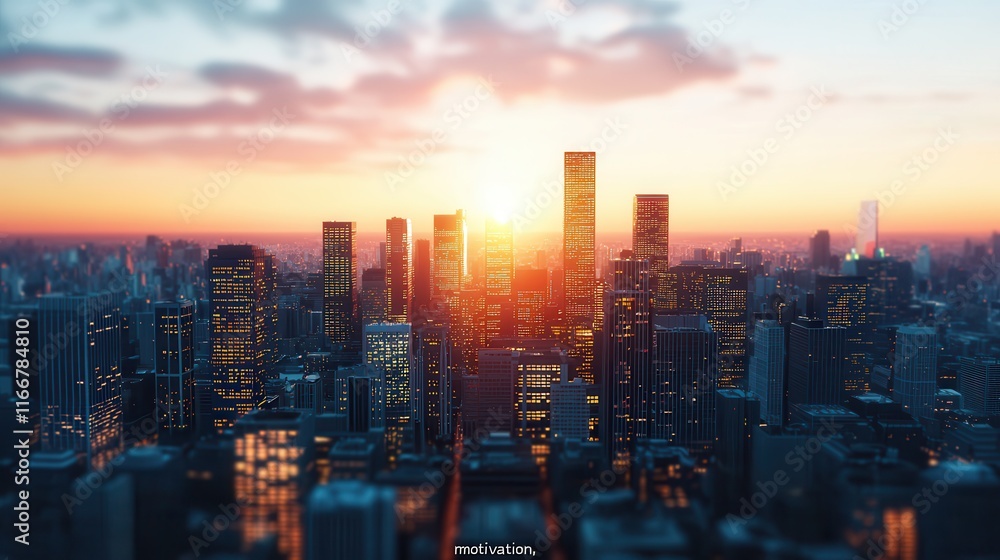 Fototapeta premium Breathtaking Sunrise Over a Busy City Skyline, Illuminating Skyscrapers and Urban Life with Warm Hues and a Sense of New Beginnings and Opportunities
