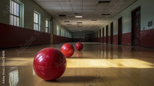 Red dodgeballs lined up in an empty school gymnasium ready for an exciting game in a spacious and well-lit environment. photo