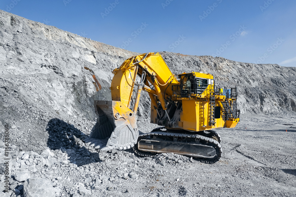Big yellow quarry excavator working on open pit mine, Industry mining production, aerial drone view. Big yellow quarry excavator working on open pit mine, Industry mining production, aerial drone view.
