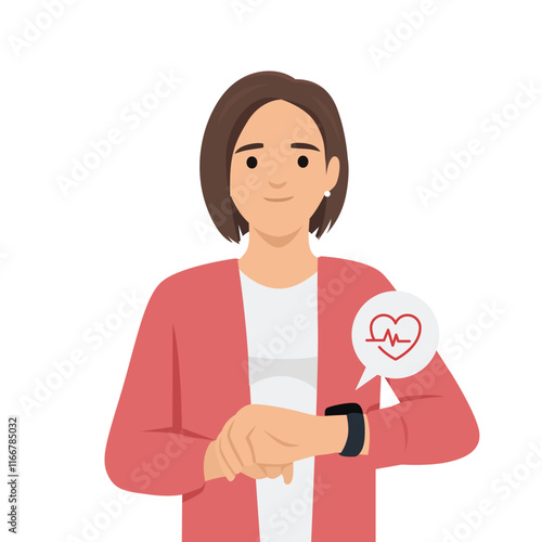 Young woman looks at smart watch with heart rate. Flat vector illustration isolated on white background