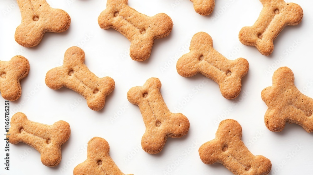 Dog-shaped biscuits arranged on a white background showcasing texture and detail of pet treats for marketing and promotional use Dog-shaped biscuits arranged on a white background showcasing texture and detail of pet treats for marketing and promotional use