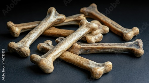 Set of realistic dog bones stacked on dark background ideal for pet product advertisements and marketing materials photo