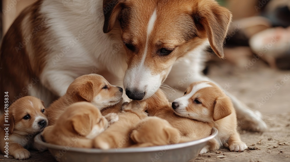 Mother dog nurturing her adorable puppies while feeding them from a communal bowl in a warm and loving environment